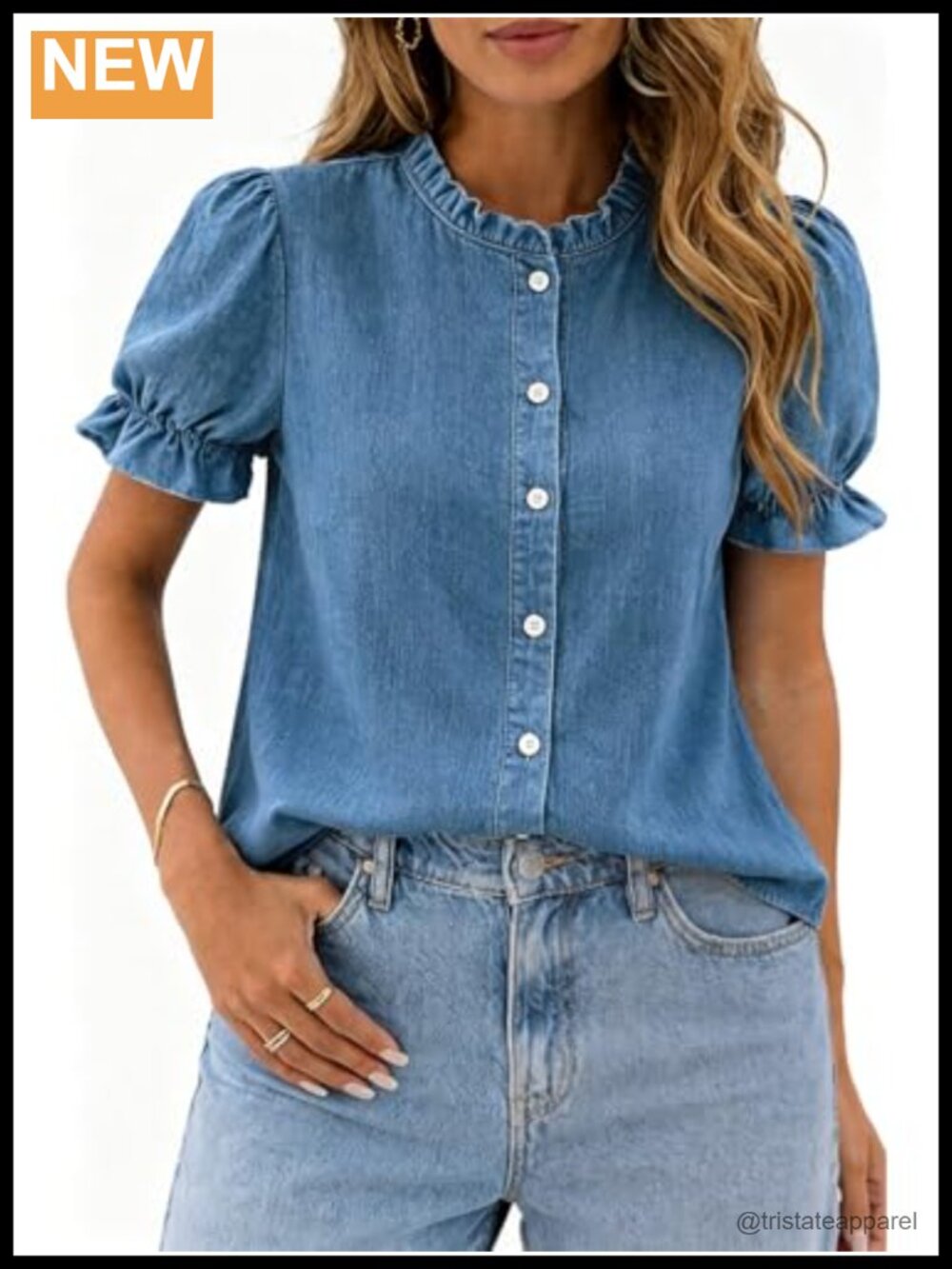 Ruffle Neck Denim Blouse Women Puff Short Sleeve Button Down Casual Summer Tops